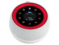 Een witte draadloze speaker met een rode rand en een display met yoga-timer.
