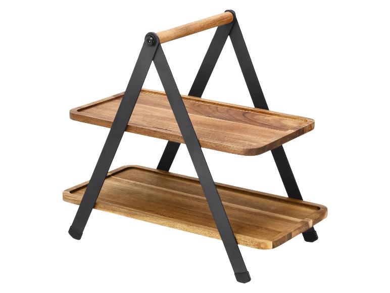 Tweelaags houten serveerblad met zwart metalen frame en houten handvat