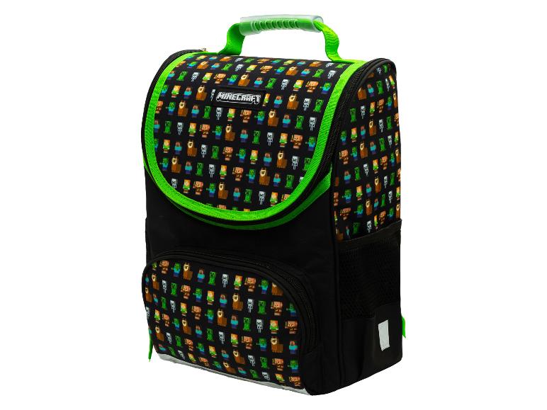 Zwarte schooltas met videogamekarakterprint en groene details.