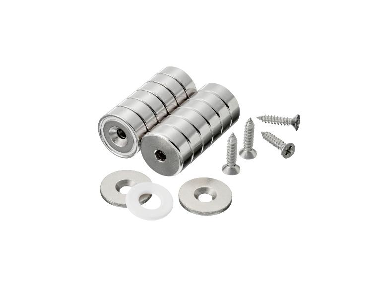 Neodymium magneten met schroeven en ringen voor bevestiging.