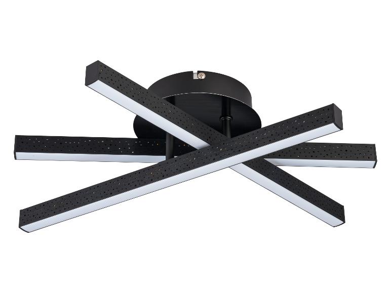 Moderne zwarte LED-plafondlamp met vier kruisende rechthoekige armen en geperforeerde details