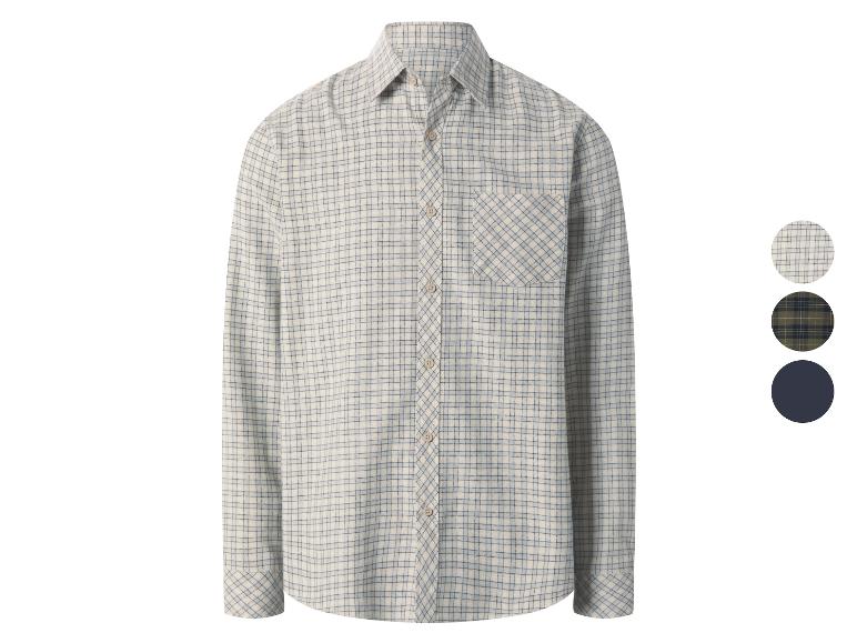Geruit herenoverhemd in drie kleuren: beige, groen en marineblauw.