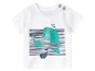 Wit T-shirt met blauwe strepen en een print van een walvis.
