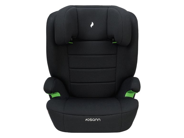 Een zwarte Osann autostoel met groene accenten.