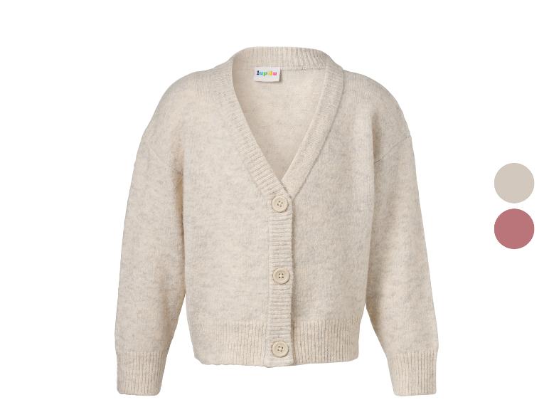 Beige gebreid vest met knopen en V-hals, met twee kleurstaaltjes aan de zijkant.
