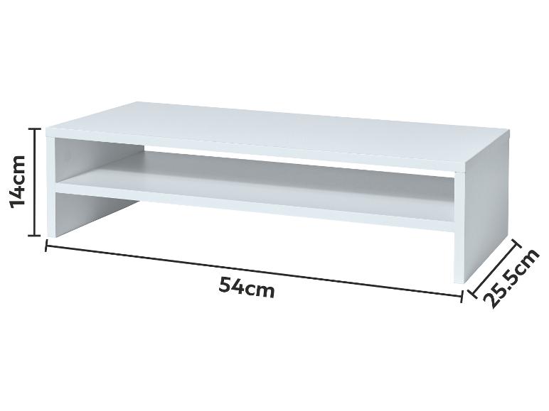 Witte monitorstandaard met plank, afmetingen 54cm (B) x 14cm (H) x 25.5cm (D).