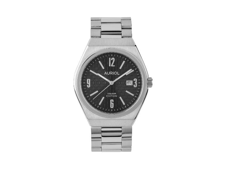 Een zilveren Auriol horloge met een zwarte wijzerplaat.