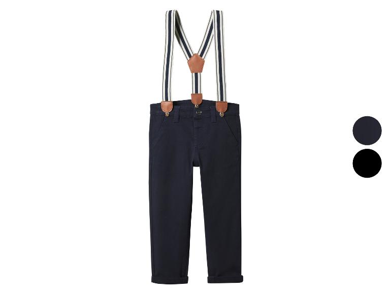 Donkerblauwe broek met wit-donkerblauw gestreepte bretels