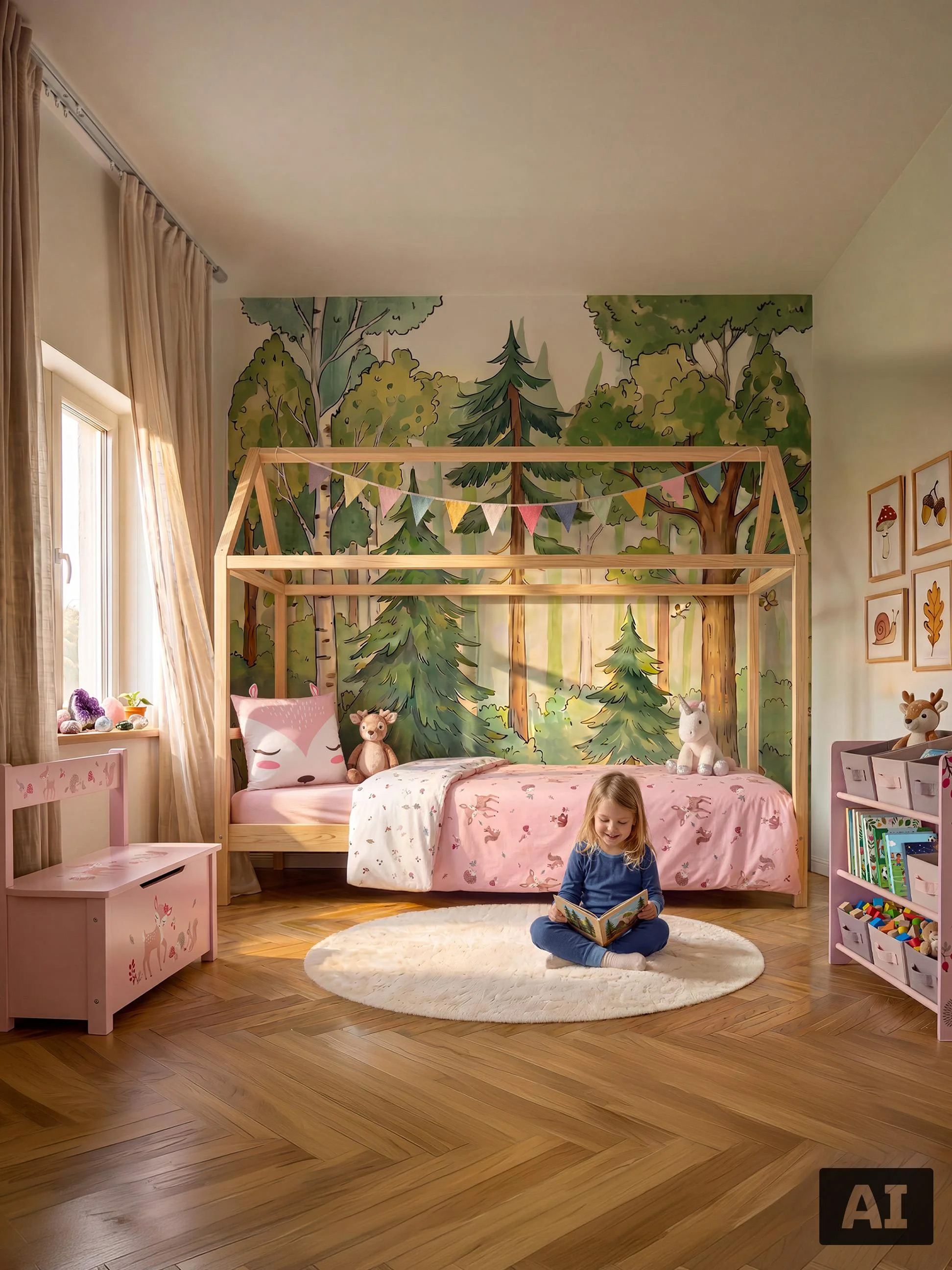 Kinderkamer in bosthema met houten huisjesbed, roze meubels en een rond vloerkleed.