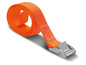 Een oranje bindband met een metalen gesp.