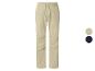 Beige broek met trekkoord in de taille, met kleurstalen in beige en donkerblauw.