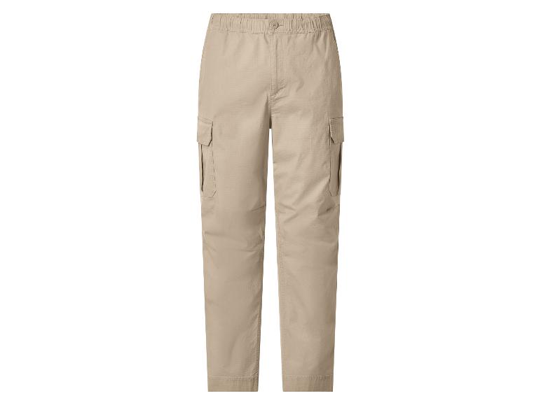 Beige cargobroek met elastische tailleband en zijzakken.