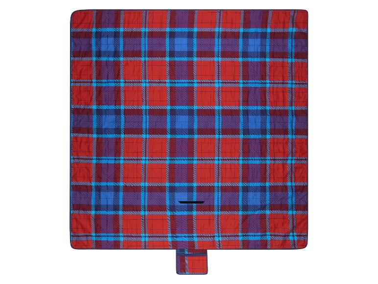 Rood, blauw en paars geruite picknickdeken met een klein zakje