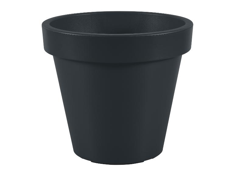 Donkergrijze plastic bloempot met een bredere rand aan de bovenkant.