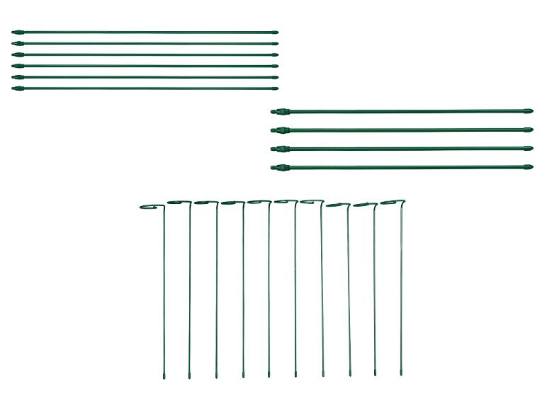 Groene plantensteunen en verlengbare tuinpalen op een witte achtergrond.