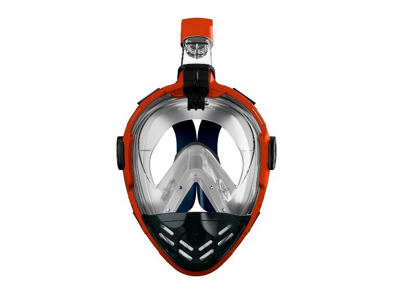 Oranje snorkelmasker met geïntegreerde snorkel en helder vizier.
