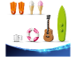 Speelgoed strandaccessoires waaronder een surfplank, gitaar, zwemband en ijsjes.