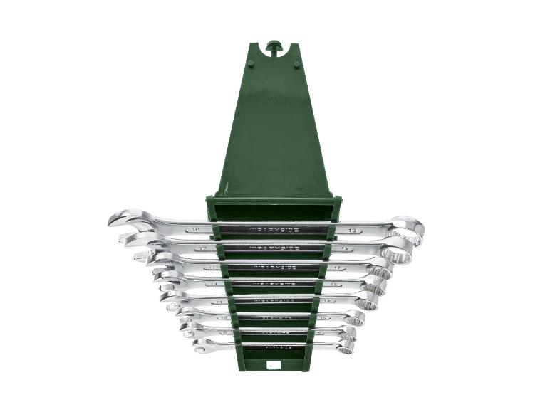 Set steek-ringsleutels in groene houder, met zichtbare maten.