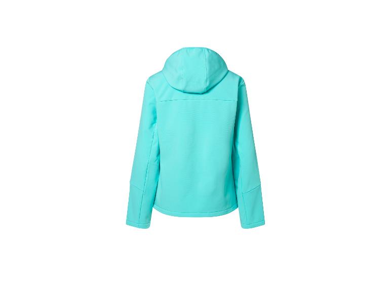 Turquoise sportjas met capuchon, achteraanzicht.