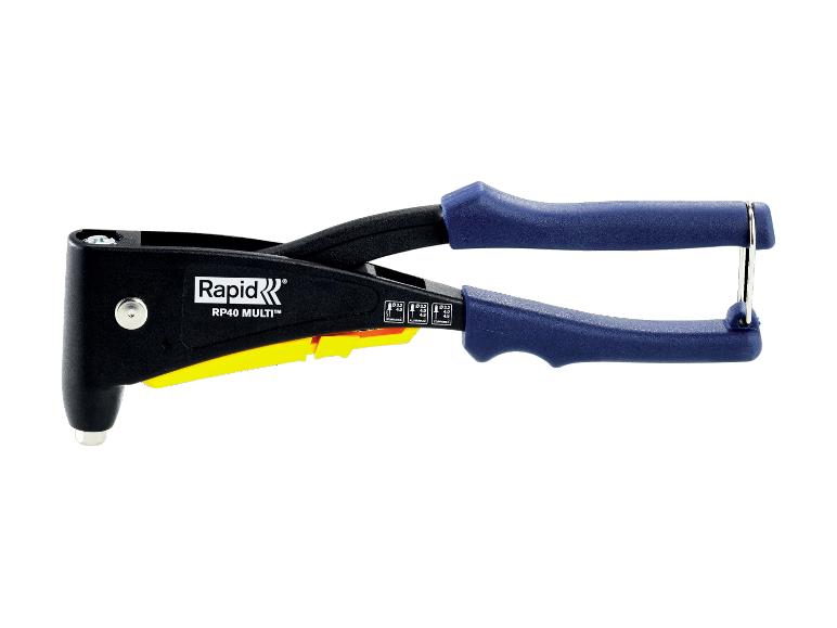 Rapid RP40 MULTI blindklinknageltang in zwart en blauw met gele accenten.