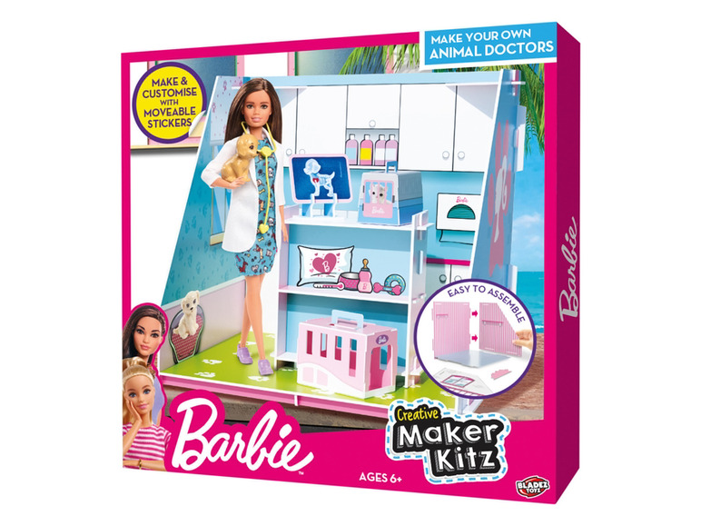 Barbie poppenhuis met dierenarts thema, inclusief accessoires en stickers.