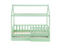 Een mintgroen houten kinderbed met opberglades.