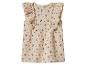 Beige babyjurk met rode bloemenprint en ruches op de schouders.