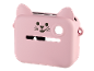 Roze instantcamera in de vorm van een kat met zwarte gezichtsdetails.