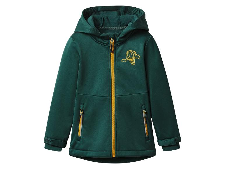 Groen softshell jack voor kinderen met capuchon en ballon.
