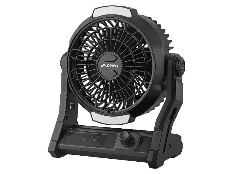 Crivit ventilator en lamp: een robuuste zwarte unit met geïntegreerde LED-verlichting.