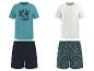 T-shirts en pyjamashorts: een blauw T-shirt met palmen en een wit, en effen en palm-gepatroneerde shorts.