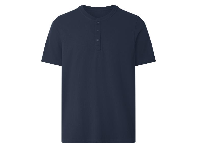 Donkerblauw heren henley T-shirt met korte mouwen en knopen.
