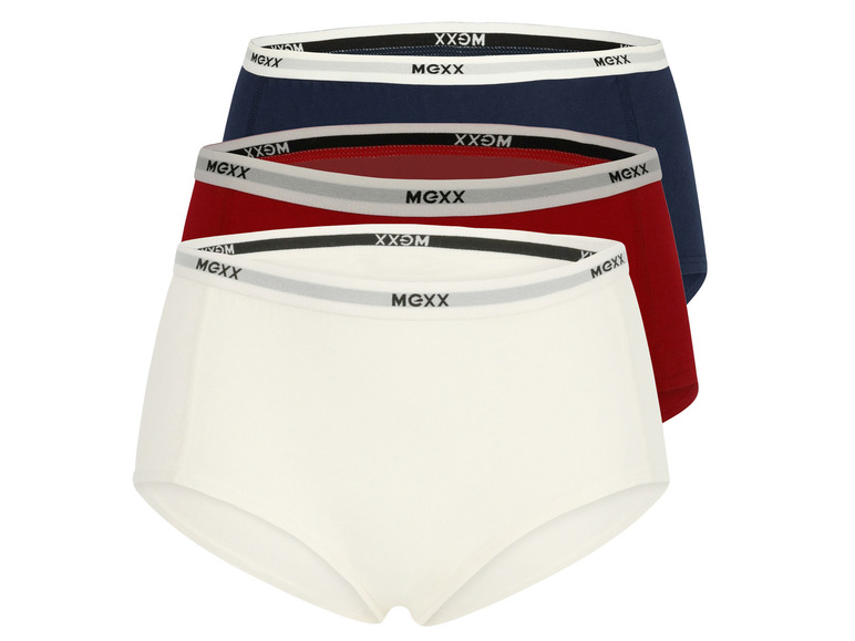 Drie paar boxershorts van het merk Mexx in wit, rood en blauw.