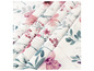 Witte stof met roze en paarse bloemen en blauwe bladeren.