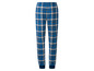 Blauwe pyjamabroek met ruitjespatroon.
