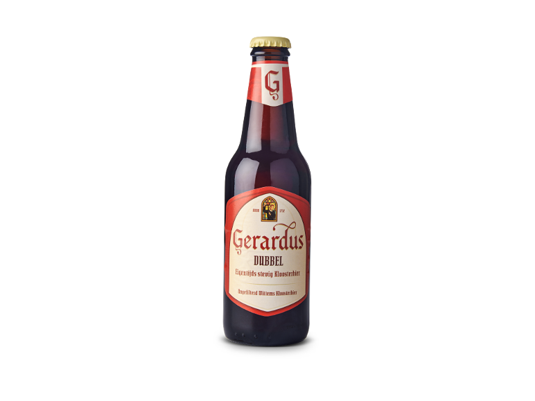 Een fles donker kloosterbier met een rood etiket.