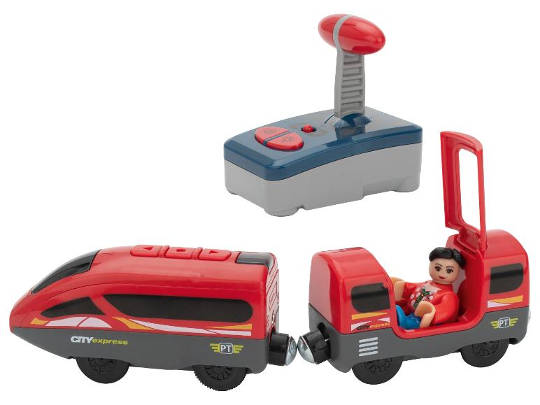 Rode speelgoedtrein met afstandsbediening en machinistfiguur.