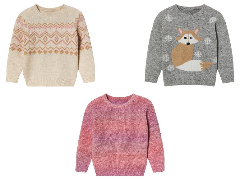 Truien voor kinderen: beige met geometrisch patroon, grijs met vos en roze ombre.