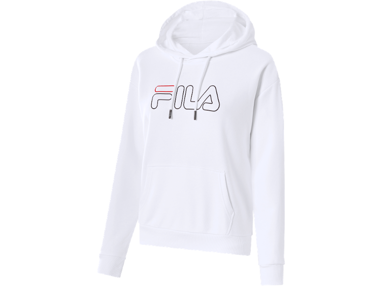 Witte hoodie met zwart en rood tekstlogo, kangoeroezak en trekkoord.