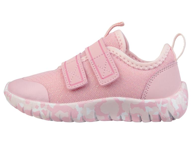 Roze kinderschoenen met klittenbandsluiting, camouflagezool.