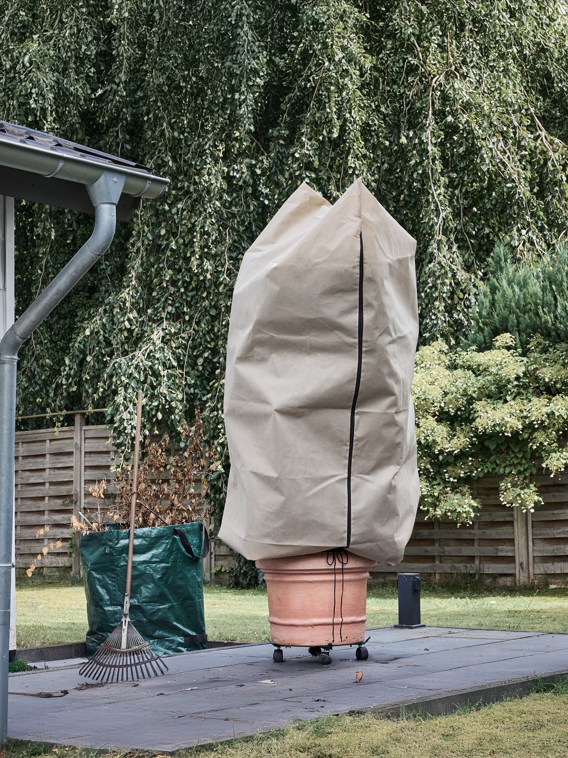 Grote potplant bedekt met een beschermende beige hoes in een tuin