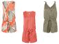 Zomerjumpsuits: bloemenprint, effen koraal en olijfgroen.