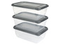 Drie transparante plastic voedselcontainers met grijze deksels.