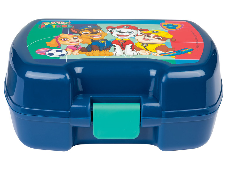 Blauwe lunchbox met Paw Patrol-thema.