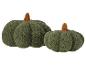 Twee groene, pluizige decoratieve pompoenen met bruine stelen.