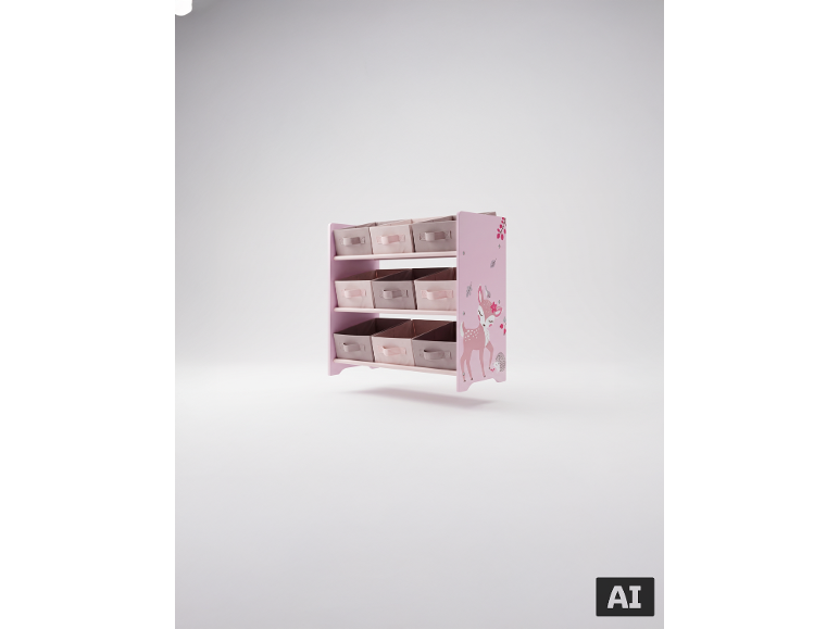 Roze kinderopbergmeubel met hert- en egelmotief, voorzien van negen stoffen dozen.