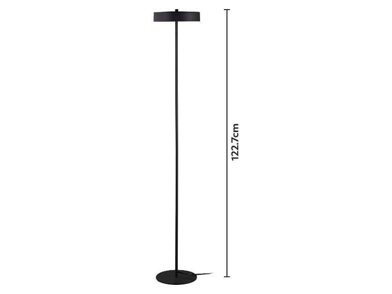 Zwarte staande lamp met ronde voet en een hoogte van 122,7 cm.