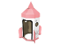 Een roze kartonnen raket speelhuisje met eenhoorn ontwerp.