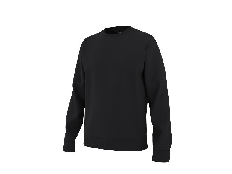 Zwart sweatshirt met lange mouwen, schuin aanzicht op een witte achtergrond.