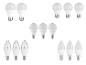 Zes E27 LED-lampen en zes E14 LED-lampen, in verschillende vormen.